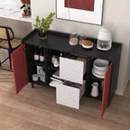 Sideboard Buffet Cabinet, Black Storage Cabinet with Red Doors , 2 Drawers with unique panel styling and 2 Open Storage Compartment