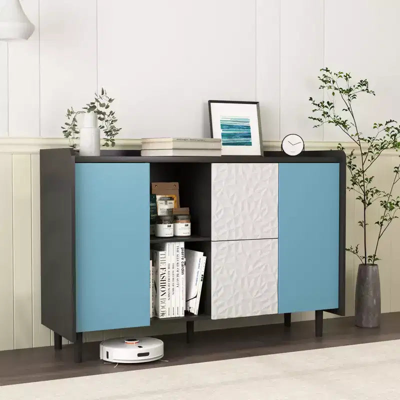 Sideboard Buffet Cabinet, Black Storage Cabinet with Red Doors , 2 Drawers with unique panel styling and 2 Open Storage Compartment
