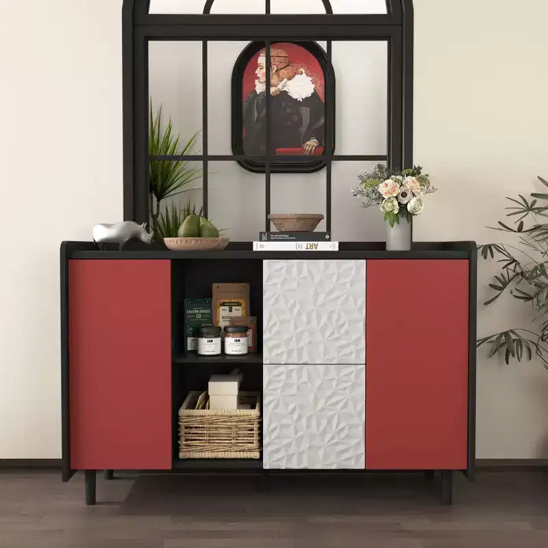 Sideboard Buffet Cabinet, Black Storage Cabinet with Red Doors , 2 Drawers with unique panel styling and 2 Open Storage Compartment