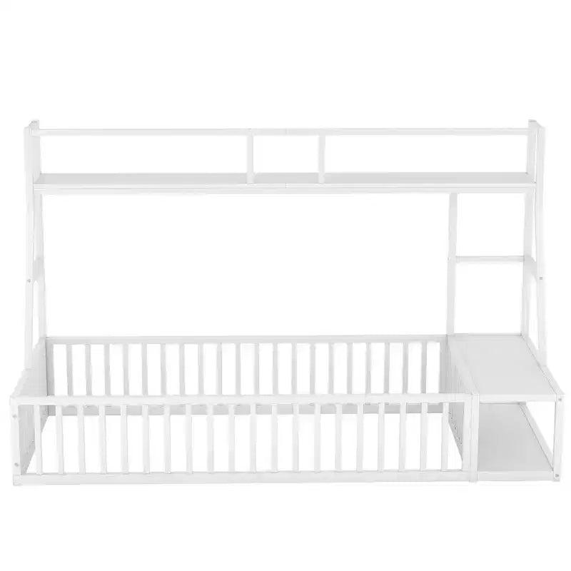 Okak Metal Floor Bed Twin/Full Size, Study Bed with Safety Fence, Storage Shelves & Desk Space Saving Kids Bed Frame for Playhouse