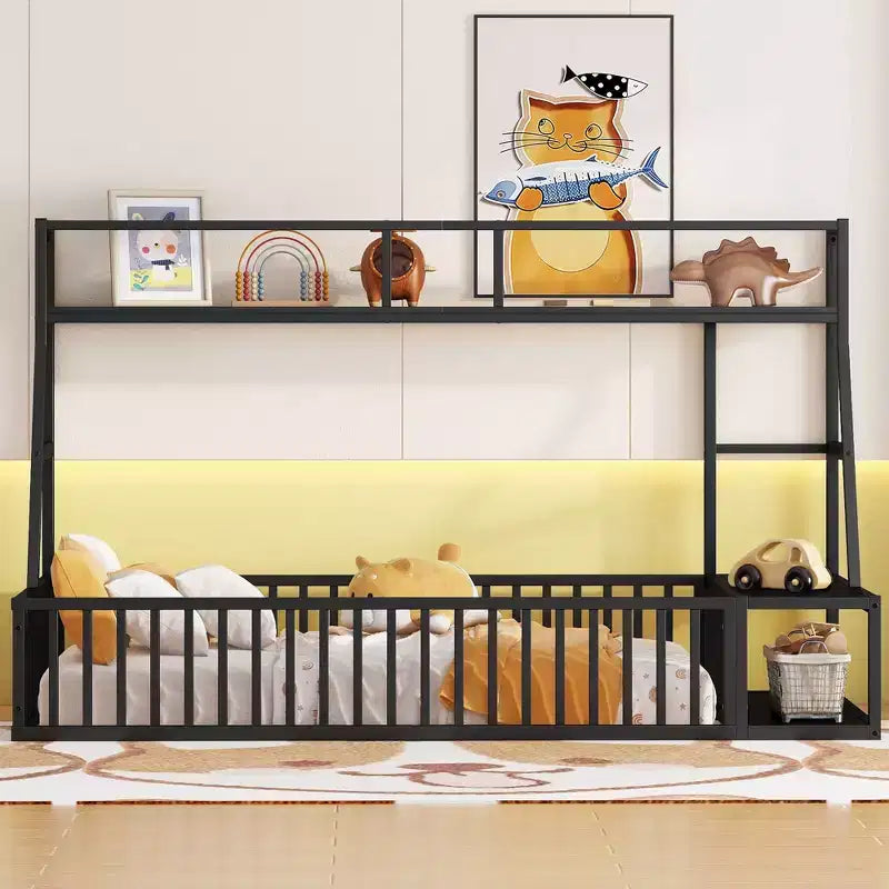 Okak Metal Floor Bed Twin/Full Size, Study Bed with Safety Fence, Storage Shelves & Desk Space Saving Kids Bed Frame for Playhouse