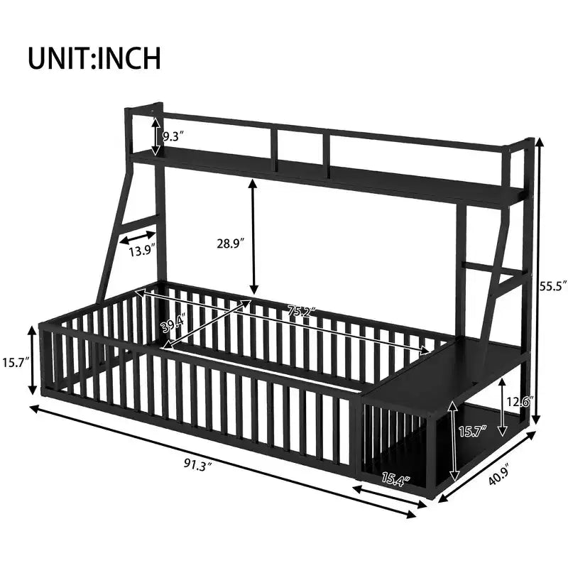 Okak Metal Floor Bed Twin/Full Size, Study Bed with Safety Fence, Storage Shelves & Desk Space Saving Kids Bed Frame for Playhouse