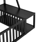 Okak Metal Floor Bed Twin/Full Size, Study Bed with Safety Fence, Storage Shelves & Desk Space Saving Kids Bed Frame for Playhouse