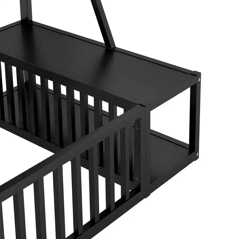 Okak Metal Floor Bed Twin/Full Size, Study Bed with Safety Fence, Storage Shelves & Desk Space Saving Kids Bed Frame for Playhouse
