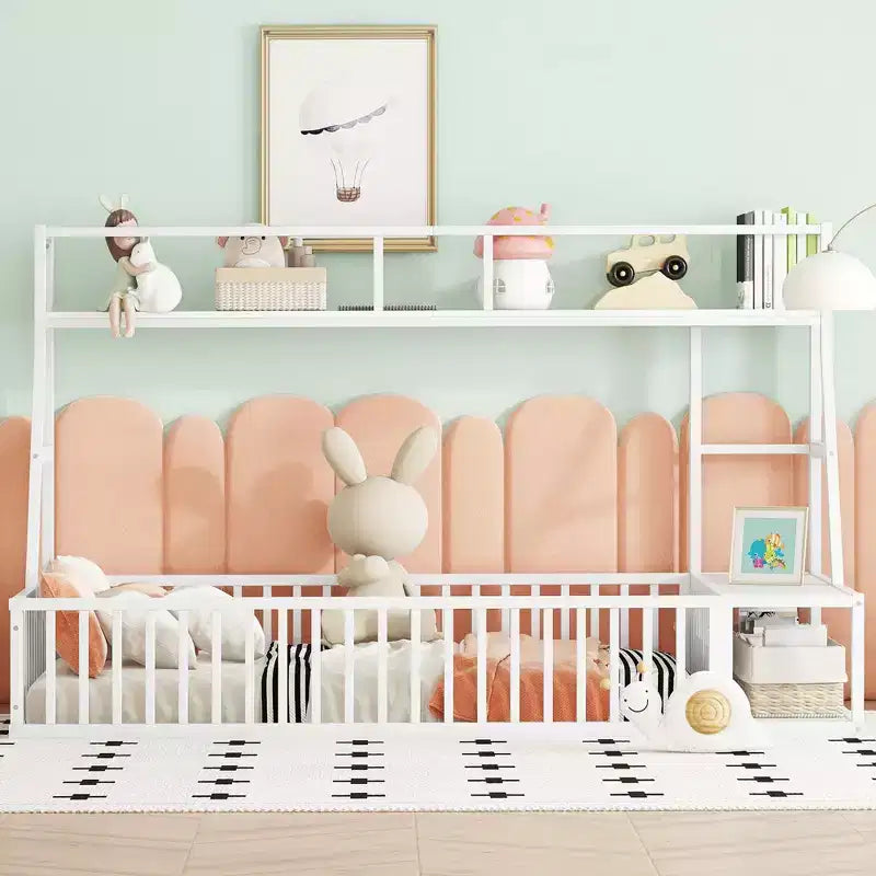 Okak Metal Floor Bed Twin/Full Size, Study Bed with Safety Fence, Storage Shelves & Desk Space Saving Kids Bed Frame for Playhouse