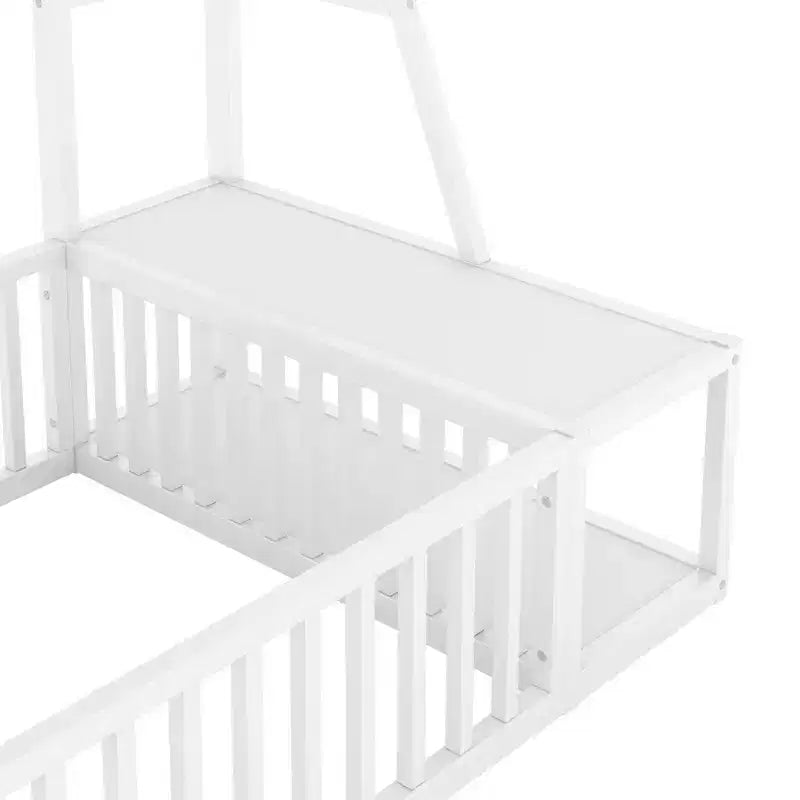 Okak Metal Floor Bed Twin/Full Size, Study Bed with Safety Fence, Storage Shelves & Desk Space Saving Kids Bed Frame for Playhouse