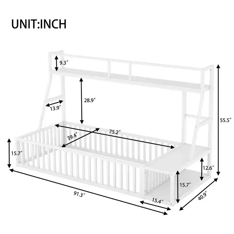 Okak Metal Floor Bed Twin/Full Size, Study Bed with Safety Fence, Storage Shelves & Desk Space Saving Kids Bed Frame for Playhouse