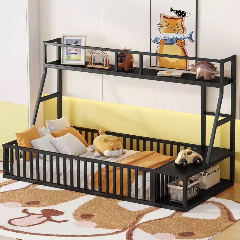 Okak Metal Floor Bed Twin/Full Size, Study Bed with Safety Fence, Storage Shelves & Desk Space Saving Kids Bed Frame for Playhouse