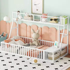 Okak Metal Floor Bed Twin/Full Size, Study Bed with Safety Fence, Storage Shelves & Desk Space Saving Kids Bed Frame for Playhouse