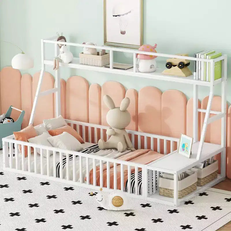 Okak Metal Floor Bed Twin/Full Size, Study Bed with Safety Fence, Storage Shelves & Desk Space Saving Kids Bed Frame for Playhouse
