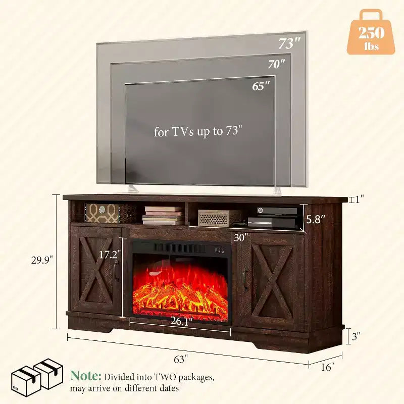 AMERLIFE 63 Farmhouse TV Stand with 26 Fireplace, for TVs up to 73 for Living Room