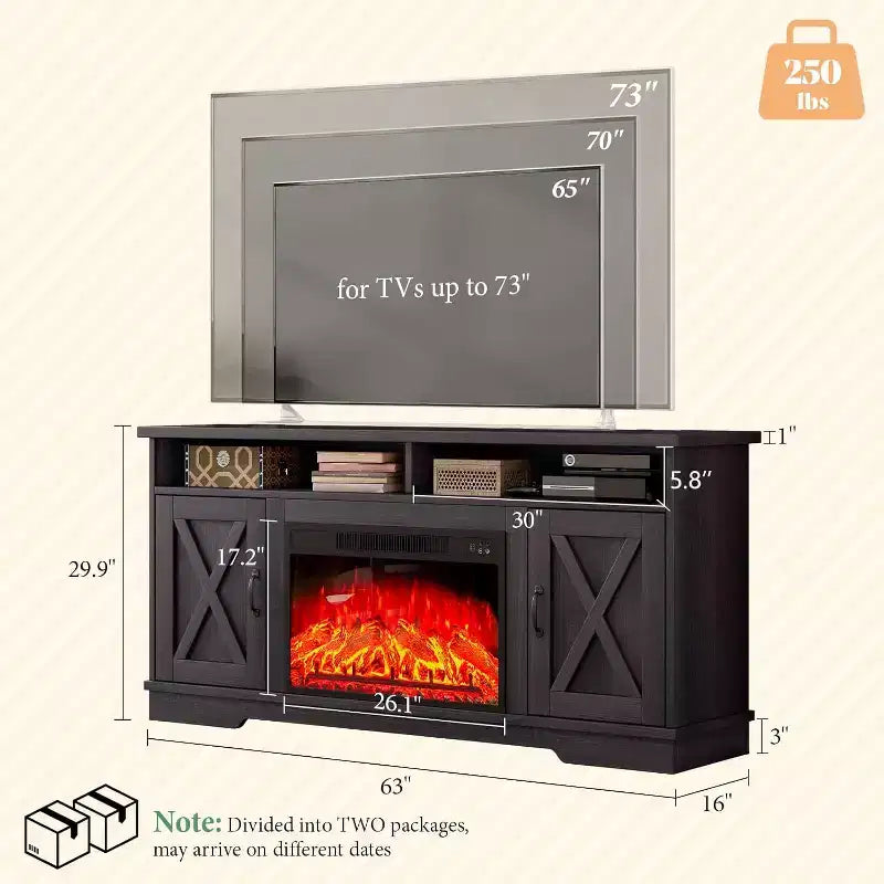 AMERLIFE 63 Farmhouse TV Stand with 26 Fireplace, for TVs up to 73 for Living Room