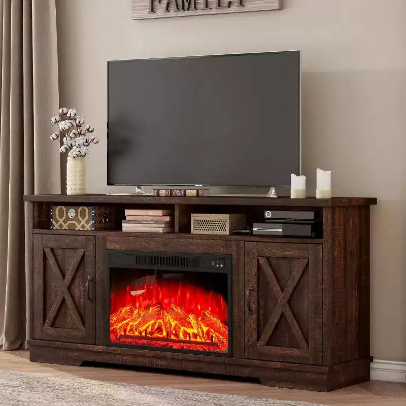 AMERLIFE 63 Farmhouse TV Stand with 26 Fireplace, for TVs up to 73 for Living Room