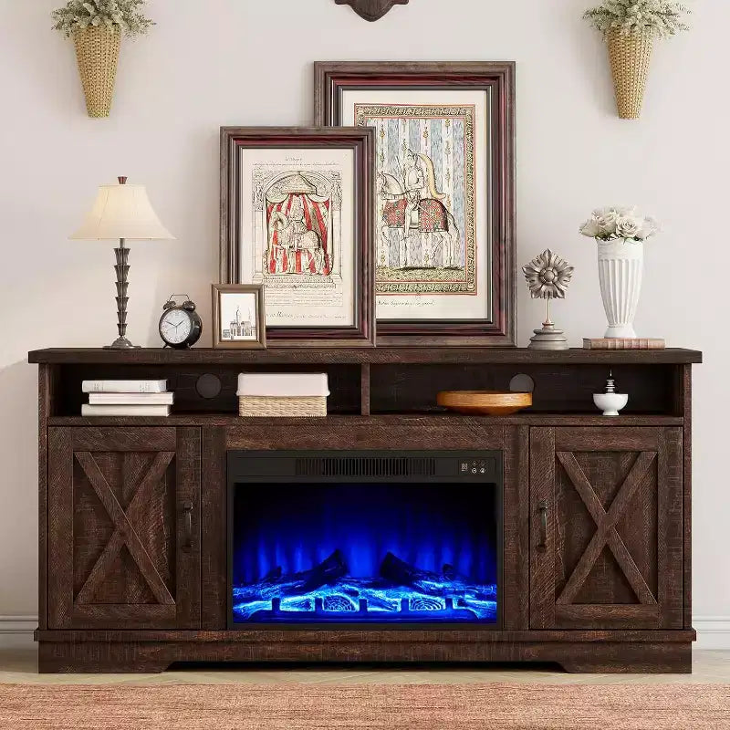 AMERLIFE 63 Farmhouse TV Stand with 26 Fireplace, for TVs up to 73 for Living Room