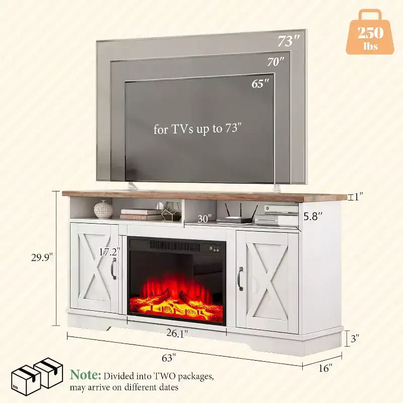 AMERLIFE 63 Farmhouse TV Stand with 26 Fireplace, for TVs up to 73 for Living Room