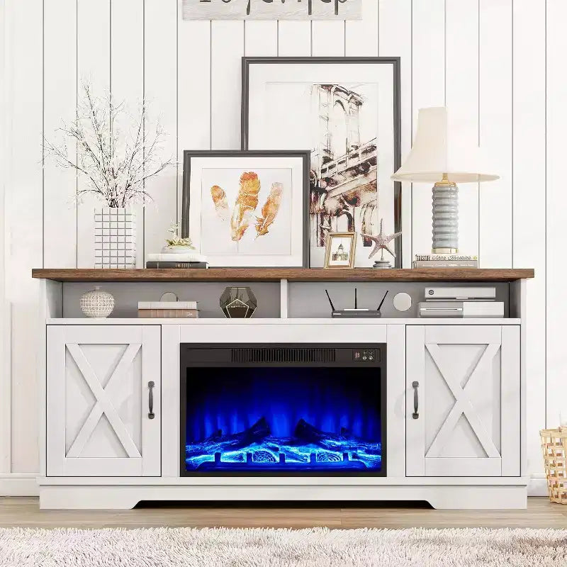 AMERLIFE 63 Farmhouse TV Stand with 26 Fireplace, for TVs up to 73 for Living Room