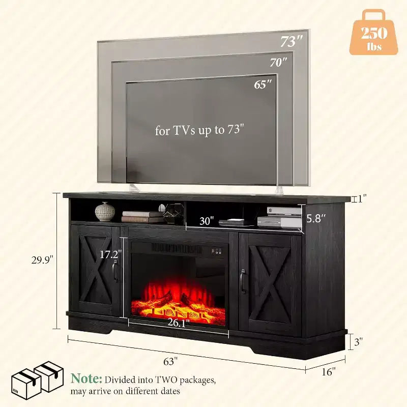 AMERLIFE 63 Farmhouse TV Stand with 26 Fireplace, for TVs up to 73 for Living Room
