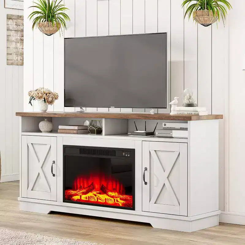 AMERLIFE 63 Farmhouse TV Stand with 26 Fireplace, for TVs up to 73 for Living Room