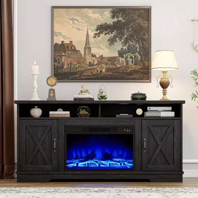 AMERLIFE 63 Farmhouse TV Stand with 26 Fireplace, for TVs up to 73 for Living Room