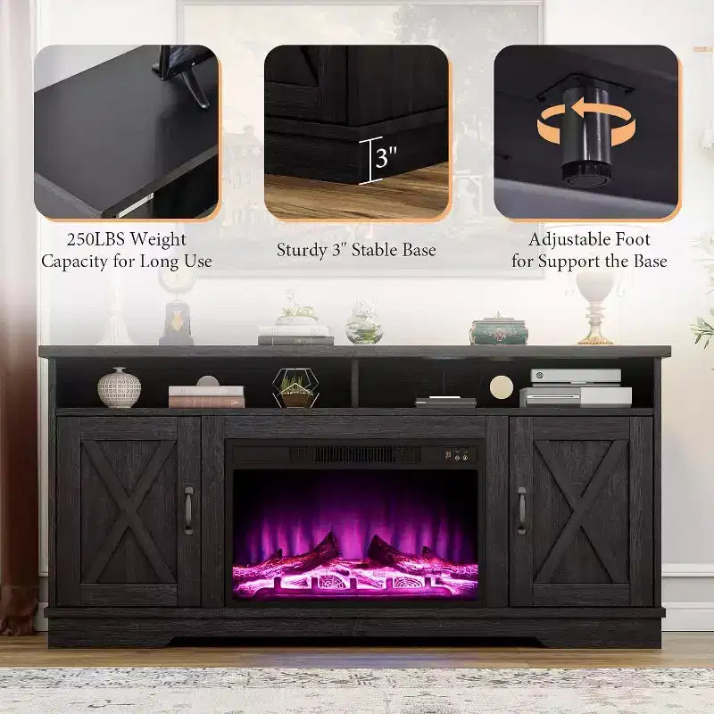 AMERLIFE 63 Farmhouse TV Stand with 26 Fireplace, for TVs up to 73 for Living Room