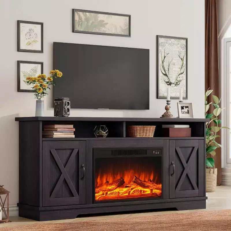 AMERLIFE 63 Farmhouse TV Stand with 26 Fireplace, for TVs up to 73 for Living Room
