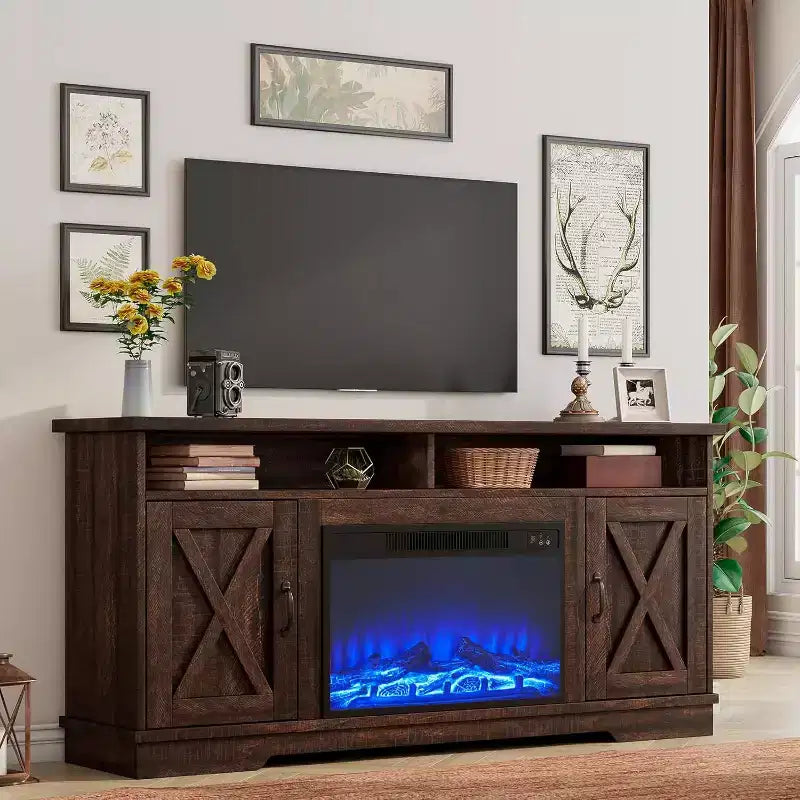 AMERLIFE 63 Farmhouse TV Stand with 26 Fireplace, for TVs up to 73 for Living Room