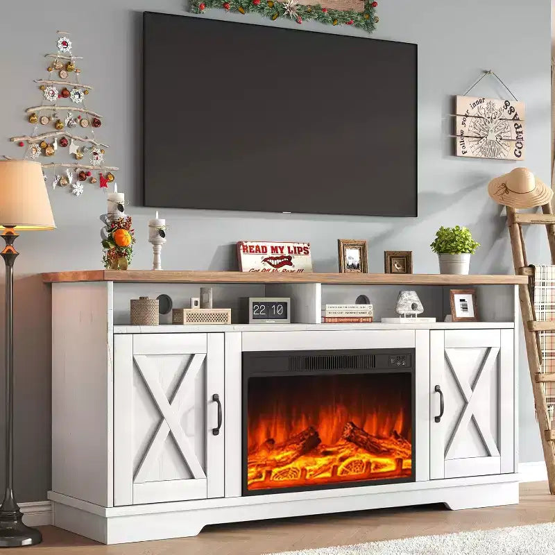 AMERLIFE 63 Farmhouse TV Stand with 26 Fireplace, for TVs up to 73 for Living Room