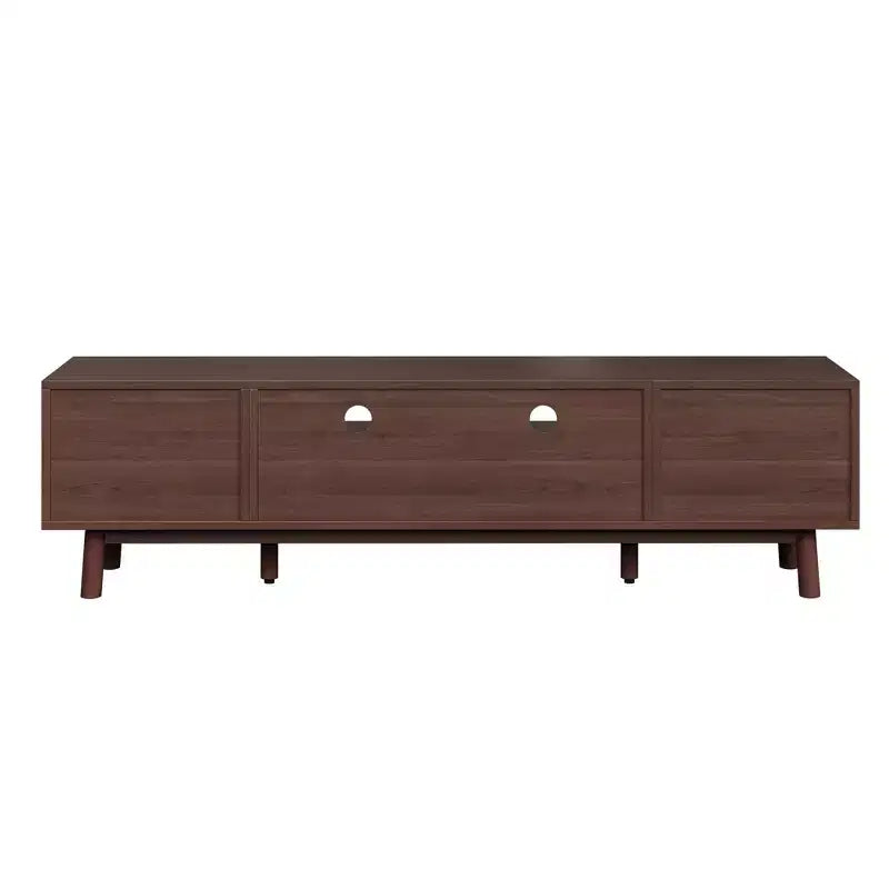 Modern 75 TV Stand with Soft-Closing Doors & Rattan Drawers, Stylish TV Cabinet with Drop-Down Storage, Farmhouse TV Consoles, Dark Brown - HABITRIO