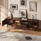Modern 75 TV Stand with Soft-Closing Doors & Rattan Drawers, Stylish TV Cabinet with Drop-Down Storage, Farmhouse TV Consoles, Dark Brown - HABITRIO