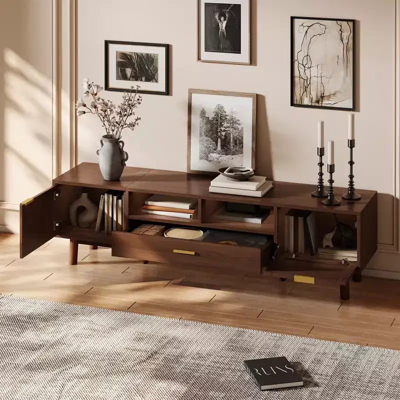Modern 75 TV Stand with Soft-Closing Doors & Rattan Drawers, Stylish TV Cabinet with Drop-Down Storage, Farmhouse TV Consoles, Dark Brown - HABITRIO