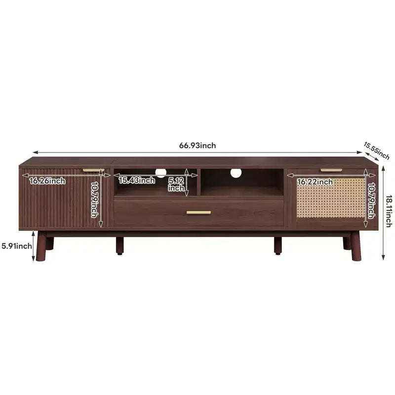 Modern 75 TV Stand with Soft-Closing Doors & Rattan Drawers, Stylish TV Cabinet with Drop-Down Storage, Farmhouse TV Consoles, Dark Brown - HABITRIO