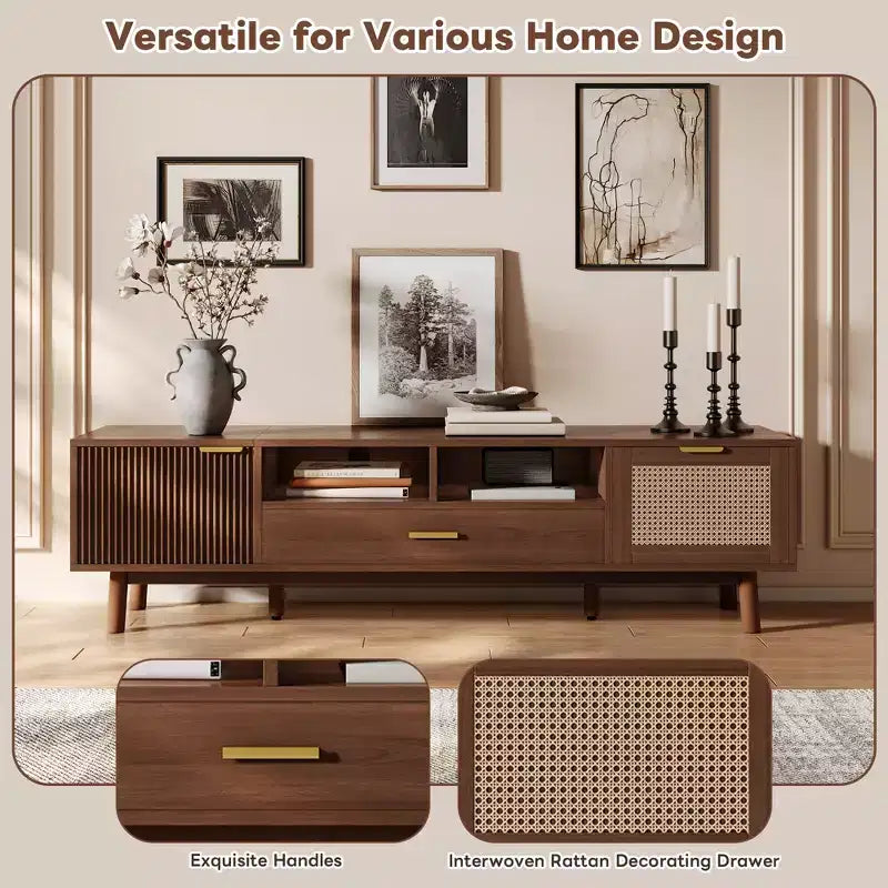 Modern 75 TV Stand with Soft-Closing Doors & Rattan Drawers, Stylish TV Cabinet with Drop-Down Storage, Farmhouse TV Consoles, Dark Brown - HABITRIO