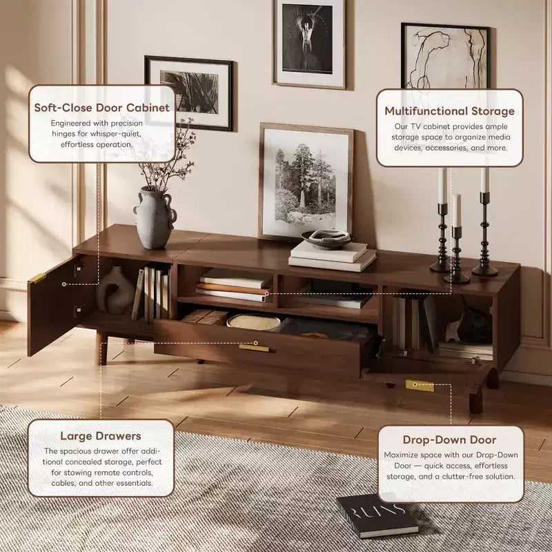 Modern 75 TV Stand with Soft-Closing Doors & Rattan Drawers, Stylish TV Cabinet with Drop-Down Storage, Farmhouse TV Consoles, Dark Brown - HABITRIO