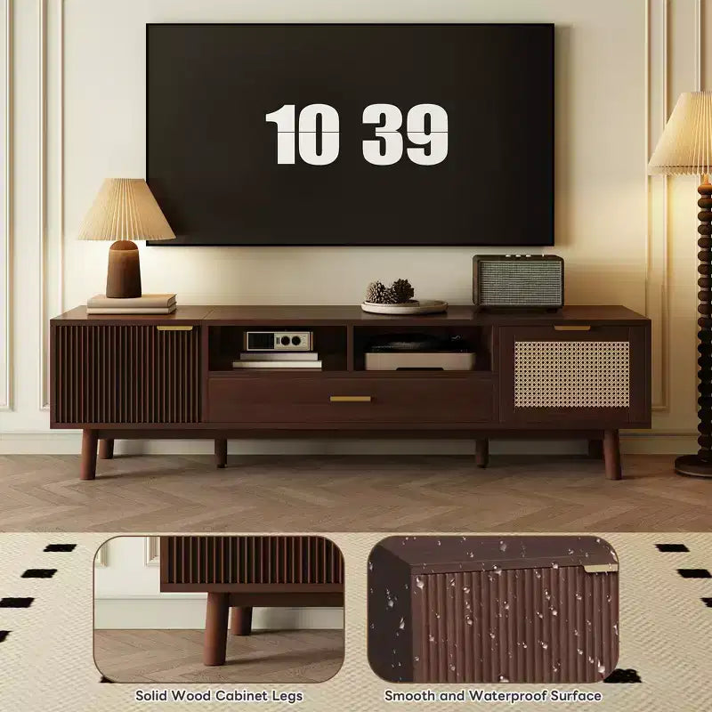 Modern 75 TV Stand with Soft-Closing Doors & Rattan Drawers, Stylish TV Cabinet with Drop-Down Storage, Farmhouse TV Consoles, Dark Brown - HABITRIO