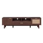 Modern 75 TV Stand with Soft-Closing Doors & Rattan Drawers, Stylish TV Cabinet with Drop-Down Storage, Farmhouse TV Consoles, Dark Brown - HABITRIO