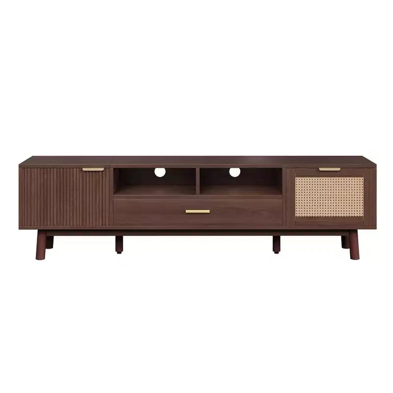 Modern 75 TV Stand with Soft-Closing Doors & Rattan Drawers, Stylish TV Cabinet with Drop-Down Storage, Farmhouse TV Consoles, Dark Brown - HABITRIO