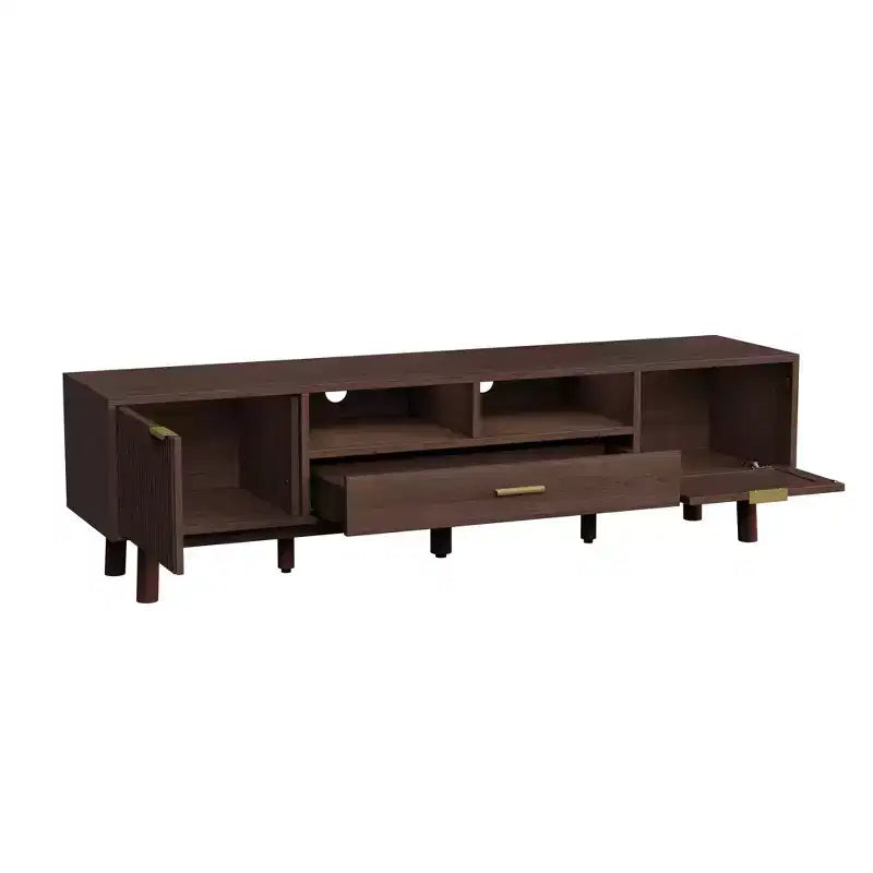 Modern 75 TV Stand with Soft-Closing Doors & Rattan Drawers, Stylish TV Cabinet with Drop-Down Storage, Farmhouse TV Consoles, Dark Brown - HABITRIO