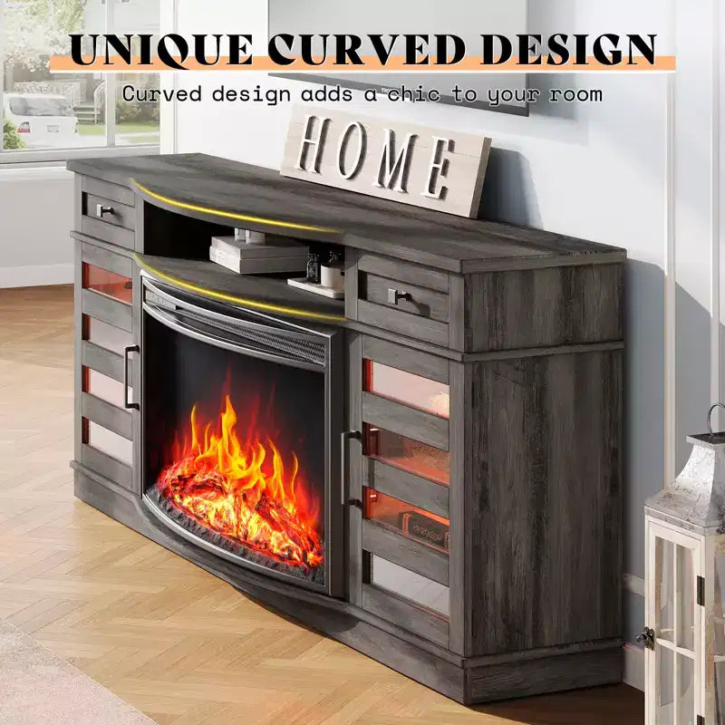 AMERLIFE 70 LED Curved Fireplace TV Stand with 36'' Electric Fireplace