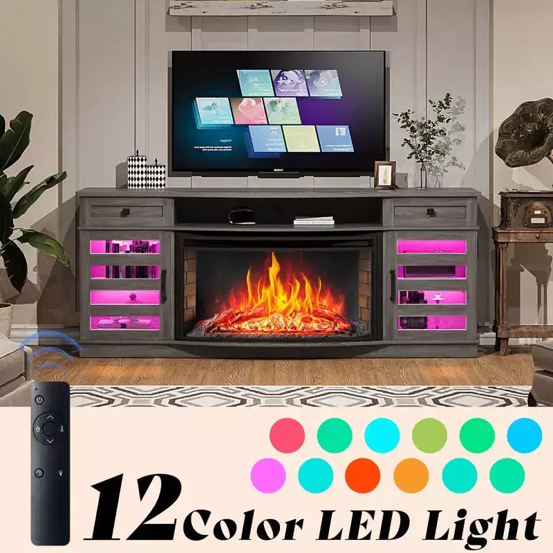 AMERLIFE 70 LED Curved Fireplace TV Stand with 36'' Electric Fireplace