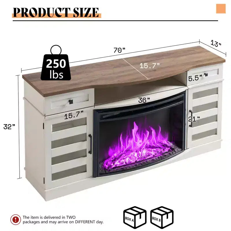 AMERLIFE 70 LED Curved Fireplace TV Stand with 36'' Electric Fireplace