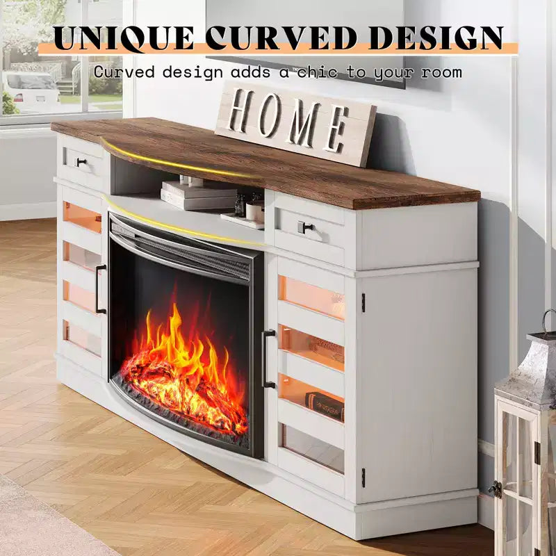 AMERLIFE 70 LED Curved Fireplace TV Stand with 36'' Electric Fireplace