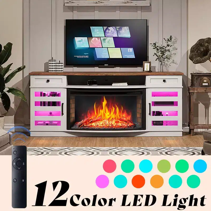 AMERLIFE 70 LED Curved Fireplace TV Stand with 36'' Electric Fireplace