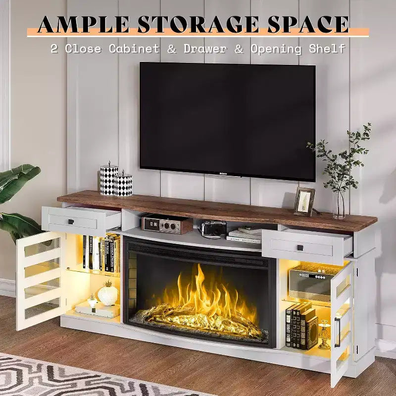 AMERLIFE 70 LED Curved Fireplace TV Stand with 36'' Electric Fireplace