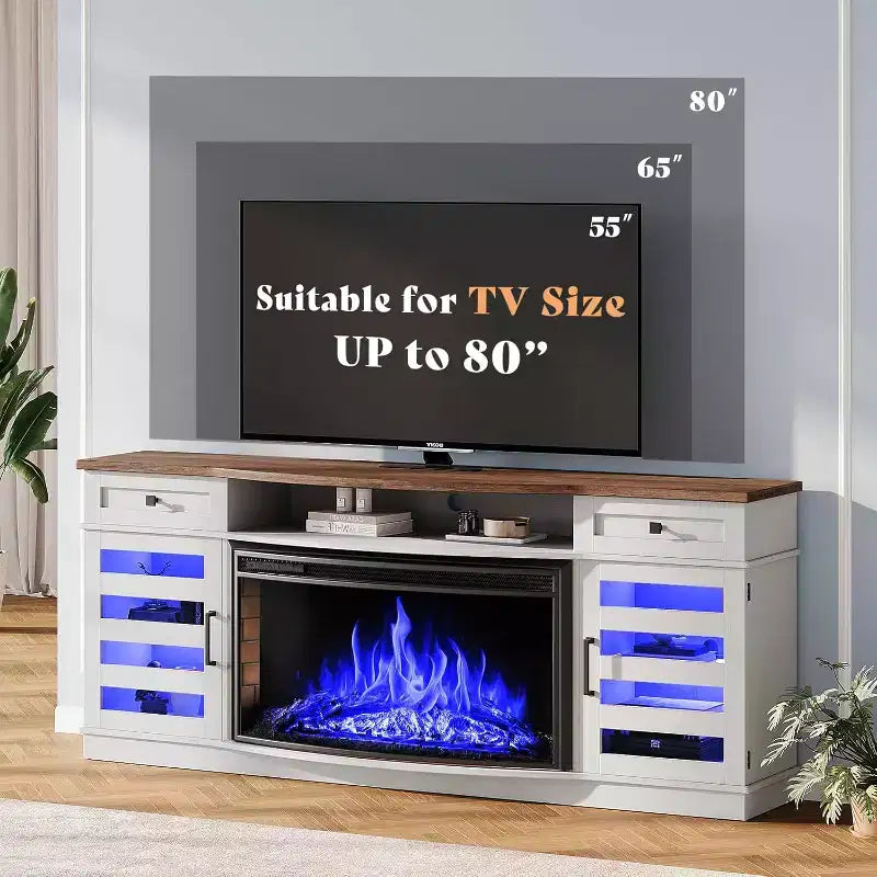 AMERLIFE 70 LED Curved Fireplace TV Stand with 36'' Electric Fireplace