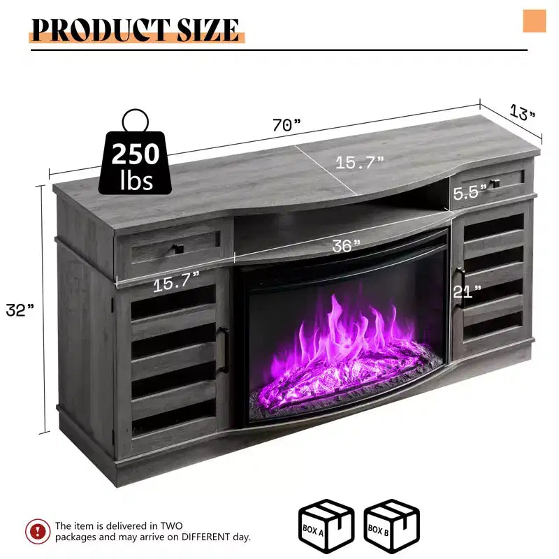 AMERLIFE 70 LED Curved Fireplace TV Stand with 36'' Electric Fireplace