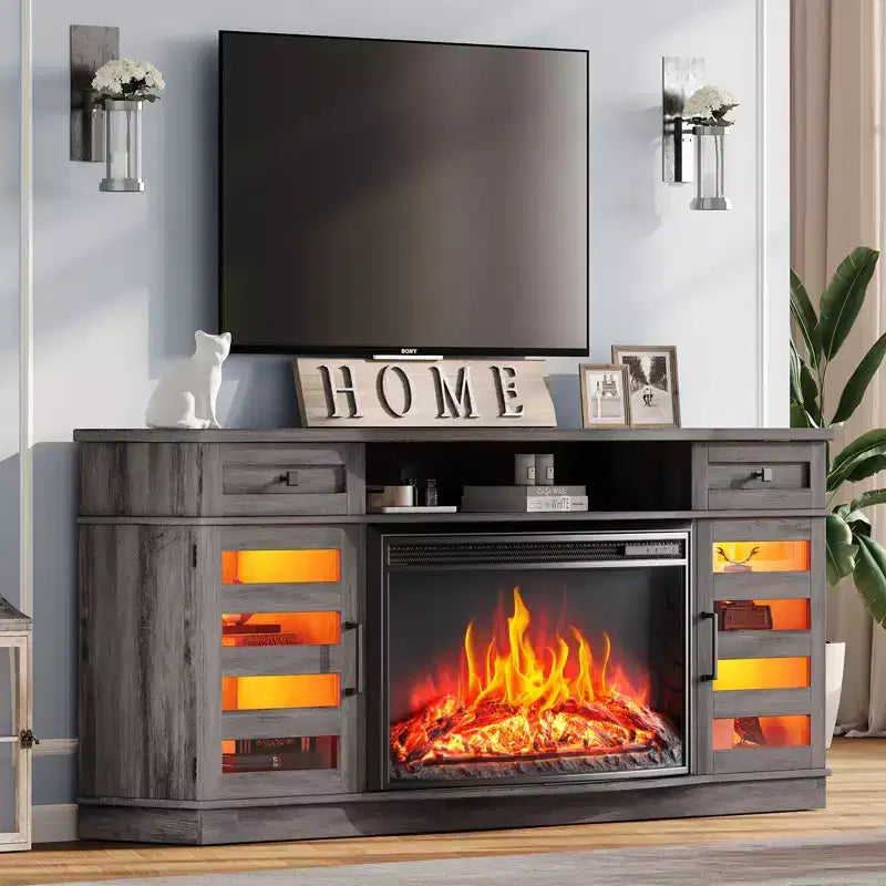 AMERLIFE 70 LED Curved Fireplace TV Stand with 36'' Electric Fireplace
