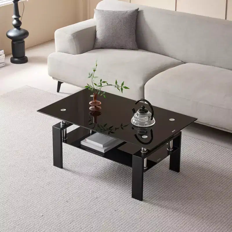 MAYEERTY 2-Tier Clear Glass Tempered Glass Coffee Table, Modern Rectangular Tea Table with Storage Shelf