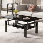 MAYEERTY 2-Tier Clear Glass Tempered Glass Coffee Table, Modern Rectangular Tea Table with Storage Shelf