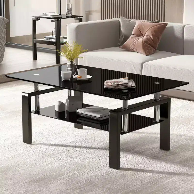 MAYEERTY 2-Tier Clear Glass Tempered Glass Coffee Table, Modern Rectangular Tea Table with Storage Shelf