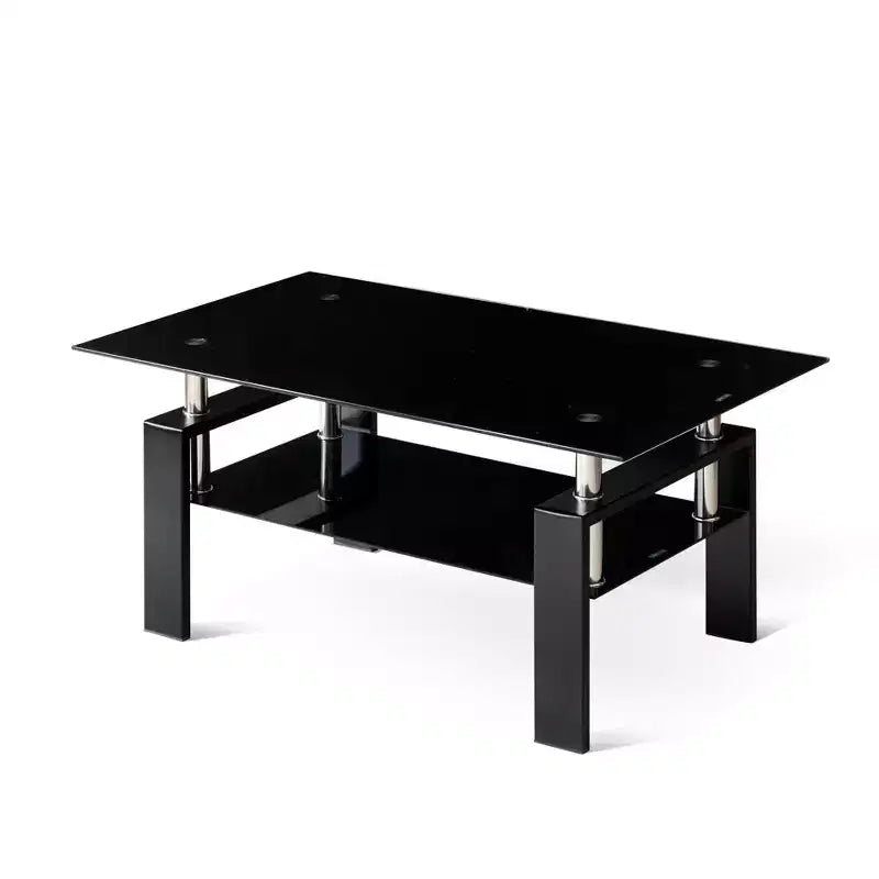 MAYEERTY 2-Tier Clear Glass Tempered Glass Coffee Table, Modern Rectangular Tea Table with Storage Shelf
